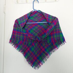 vintage 80s made in Italy multicolor jewel tone plaid square scarf fringed borde